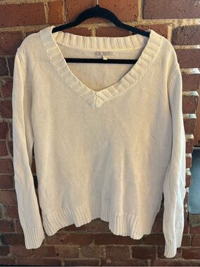 Women's 100% Cotton White V-Neck Knit Sweater